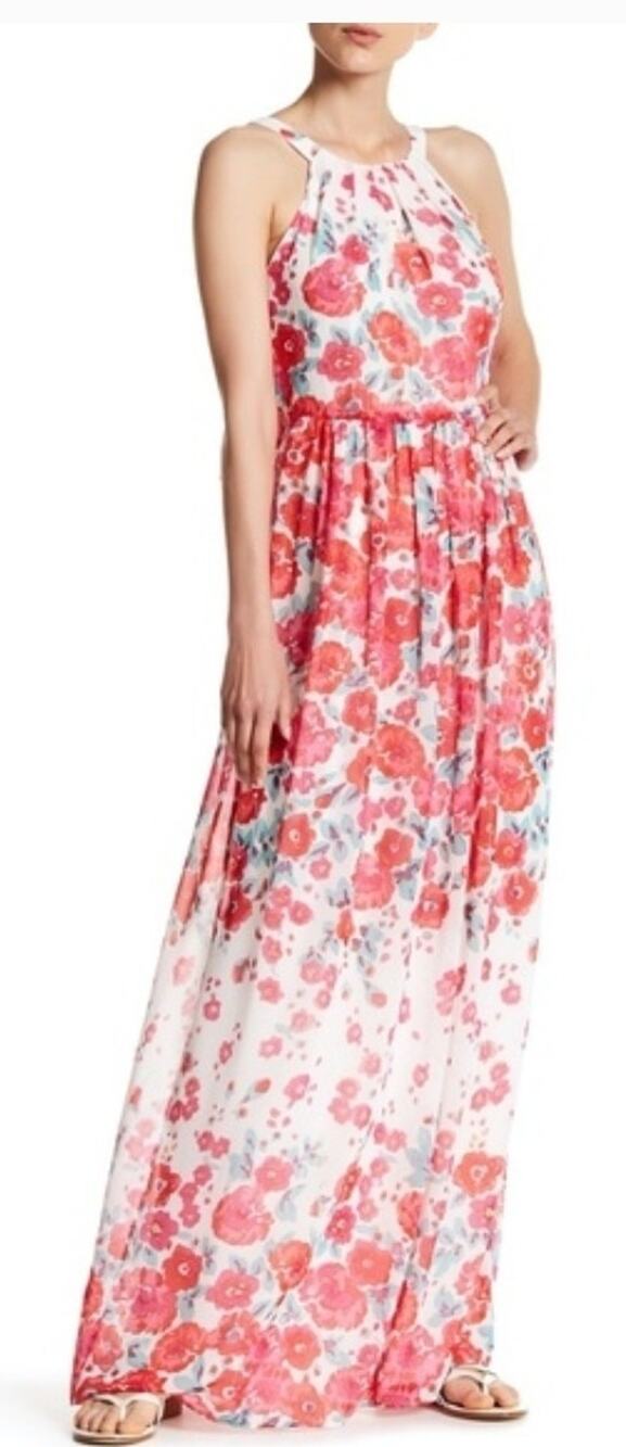 ELIZA J Pink & Red Floral Print Halter Bow Tie Back Chiffon Maxi Dress | 8 = M
